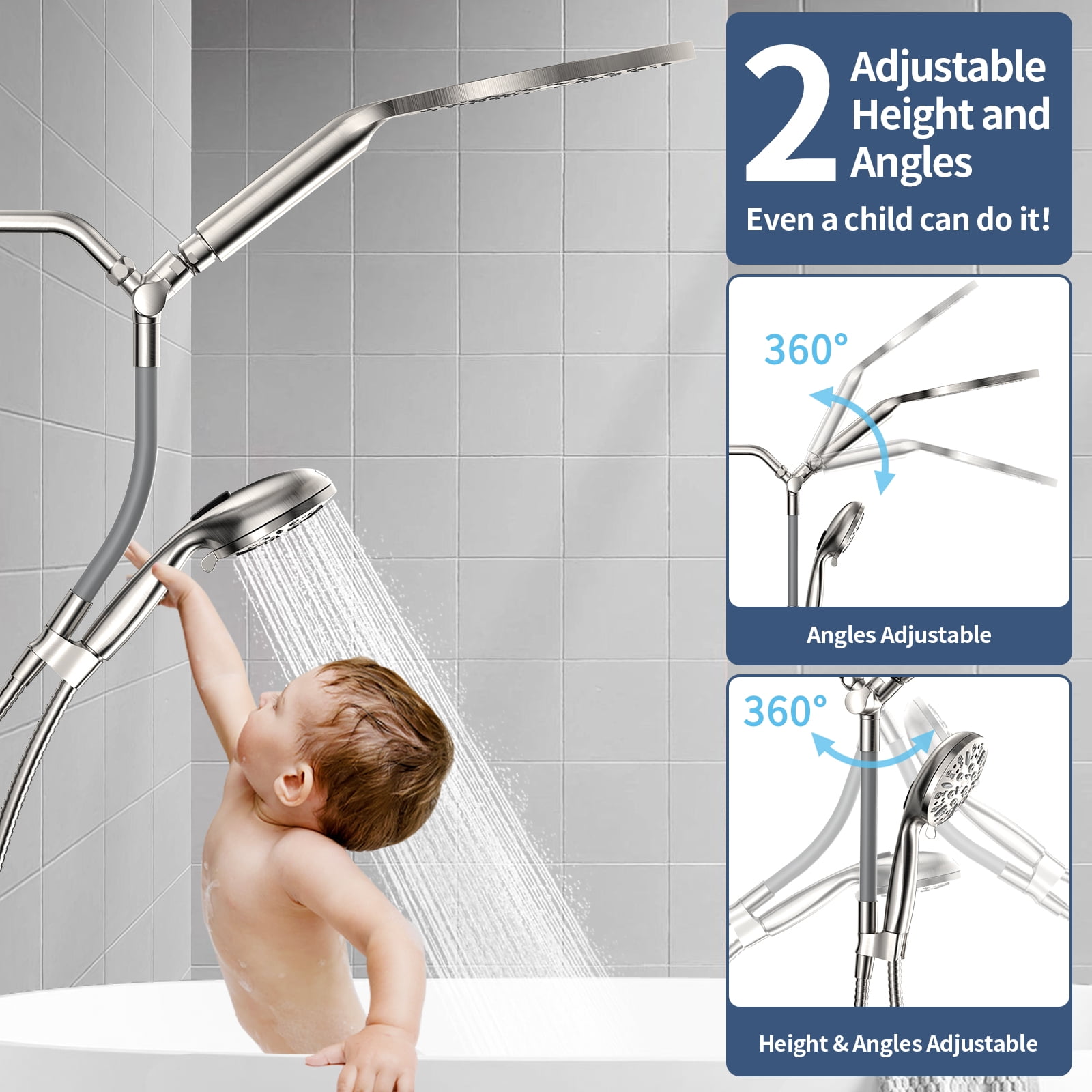 KAIYING Dual Shower Head with Handheld Spray, 9 Modes, Adjustable Angles, 79-Inch Hose, Brushed Nickel