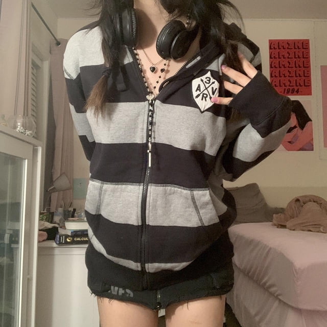 Sunloudy Mujeres Vintage Rayas Zip Up Hoodies Y2K Retro Grunge Sudaderas E-girl Coat Sunloudy moda
