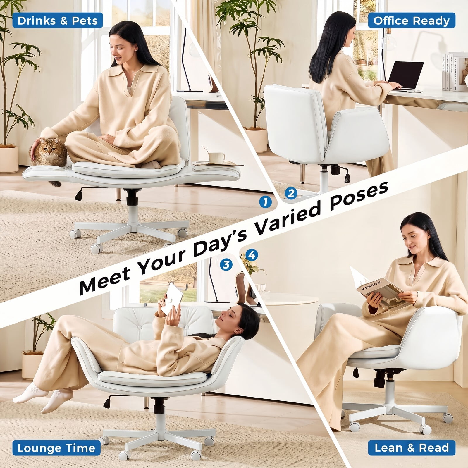 Kelno Criss Cross Office Chair with Wheels Armrests 300lbs Capacity Height Adjustable PU Leather Wide Desk Chair Swivel Vanity Chair, White
