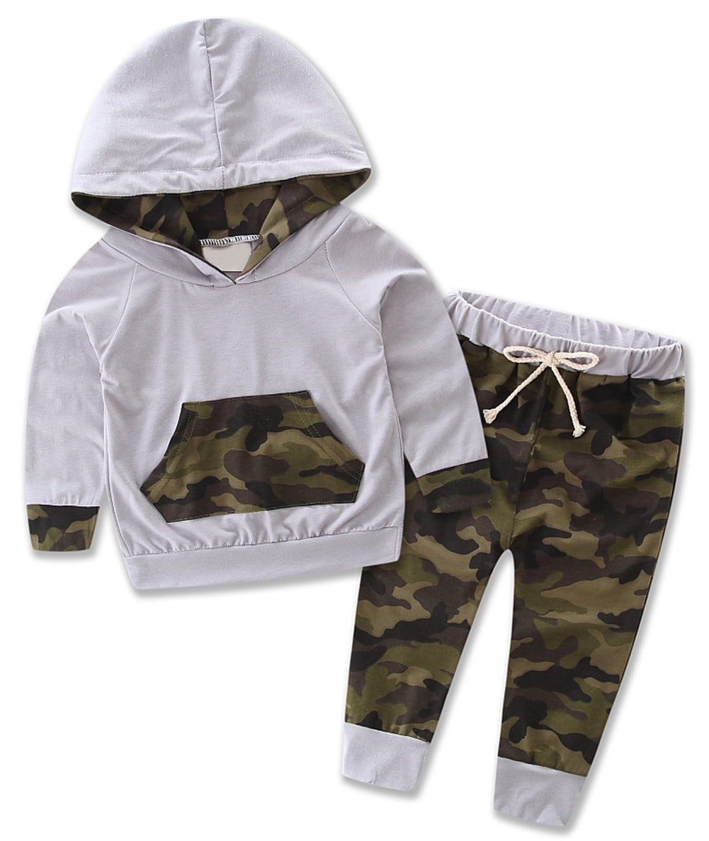 Newborn Infant Baby Boy Letter Hoodie T Shirt Tops Camouflage Pants Outfits Set 