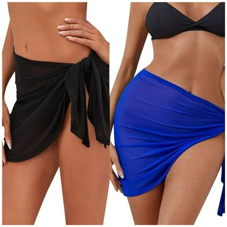 Rigardu swimsuit coverup for women 2 Women Beach Sarongs Sheer Cover Ups Mesh Bikini Wrap Skirt For Swimwear cover ups for swimwear women Blue + S