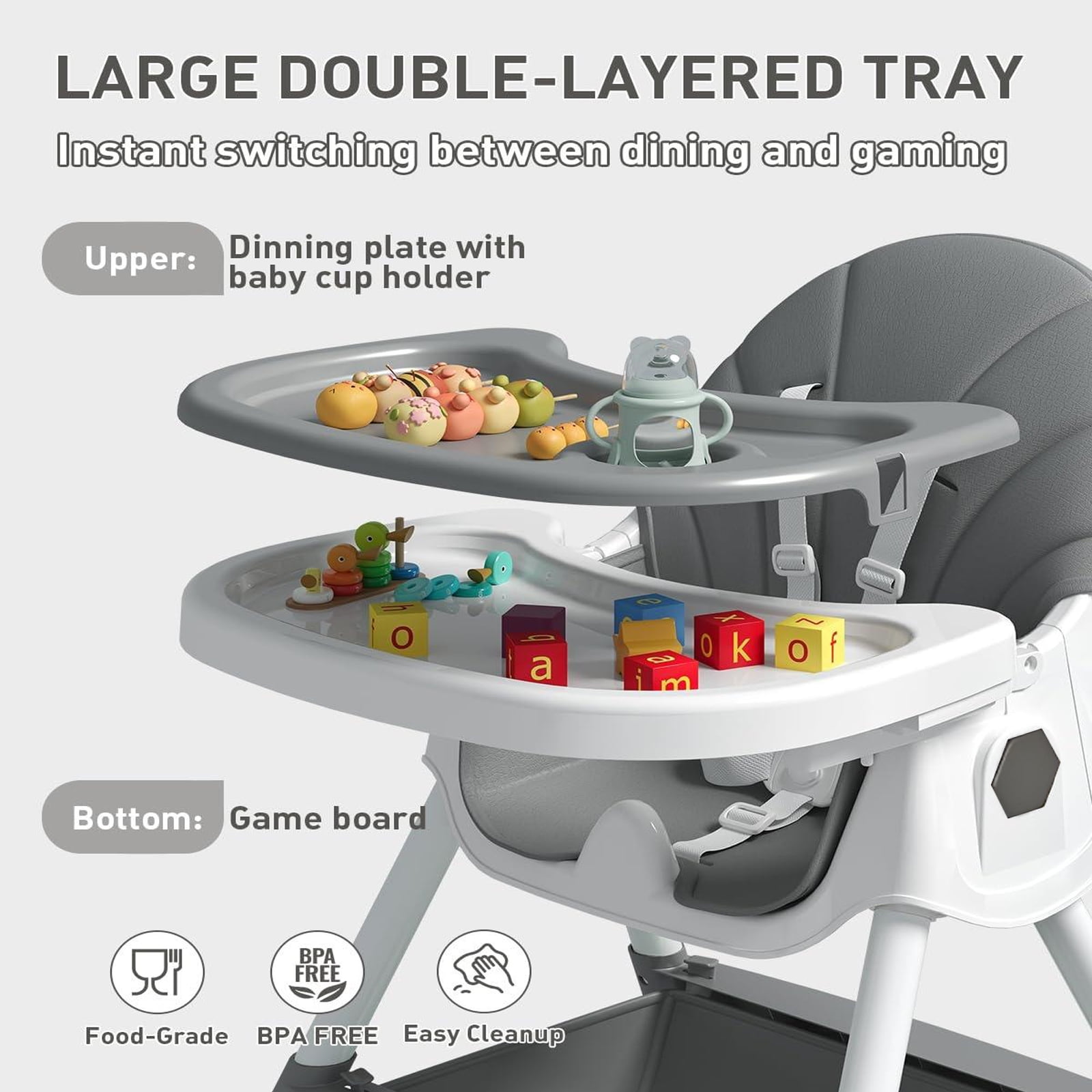 ManyFun-4-in-1 Baby High Chair Portable Toddler Baby Dining Chairs-Dining Booster Seat for Eating-Dinner Plate and Toy Rack,Grey