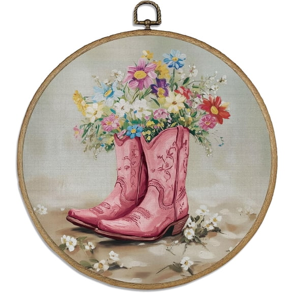 Boots Flowers Round Wall Art Decor 10" Framed Canvas Wall Art Western Wall Decor with Vintage Hooks Hanging Artwork Prints for Wall Room Door Bedroom Living Room Porch diy