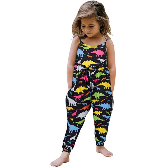 Toddler Girls Kids Jumpsuit One Piece Floral Dinosaur Playsuit Strap Romper Summer Outfits Clothes with Pocket
