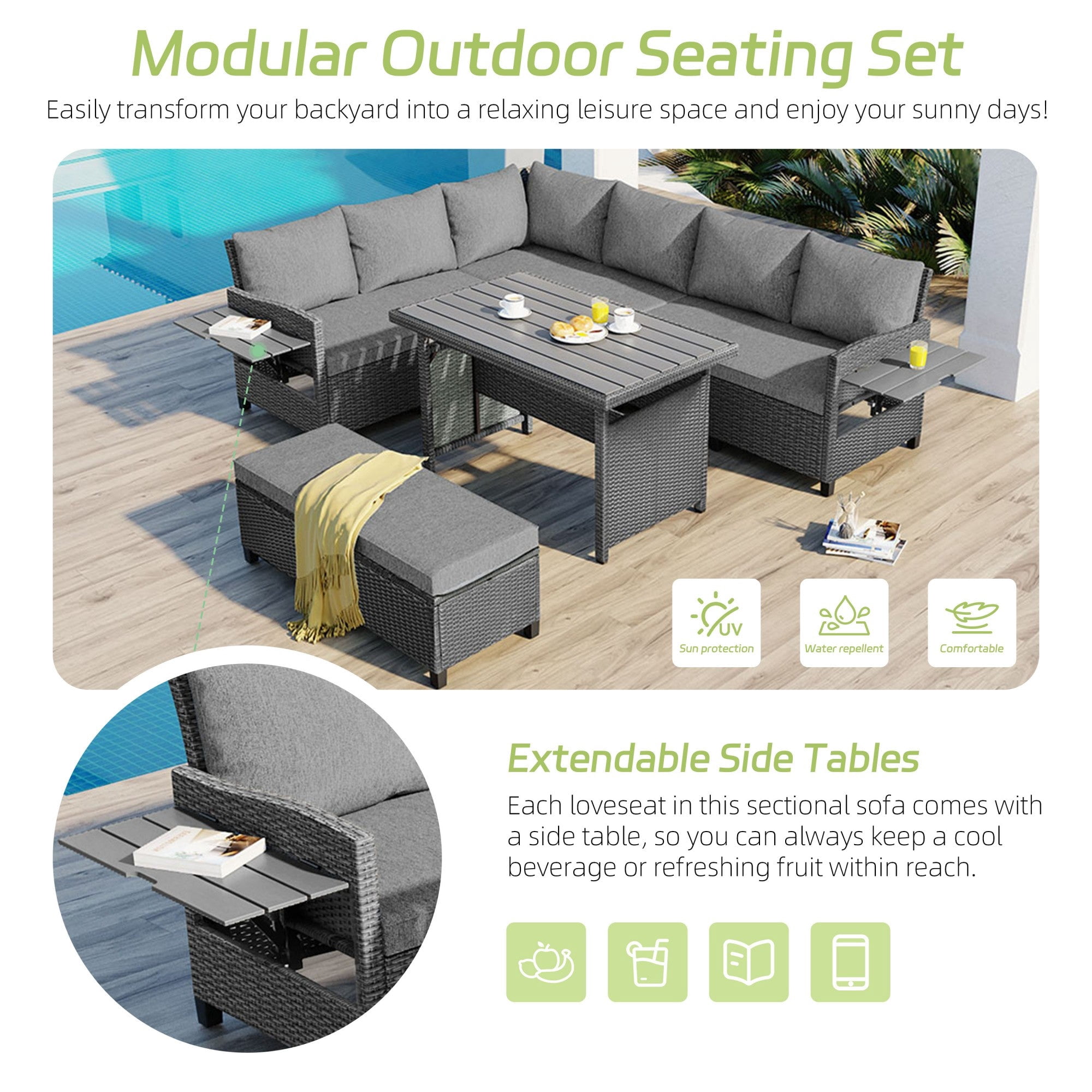 Sailvan 5-Piece Outdoor Patio Rattan Sofa Set - Sectional PE Wicker L-Shaped Garden Furniture with Dining Table & 2 Extendable Side Tables Grey