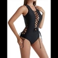 thumbnail image 2 of Traje de Baño de una Pieza con Cordones y Escote en V Profundo para Mujer Negro L, 2 of 8