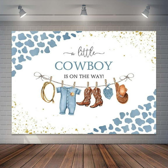 Cowboy Baby Shower Backdrop Wild West Western Blue Boy Baby Shower Background A Little Cowboy is on The Way Party Decorations Banner Photo Studio Props (Blue)