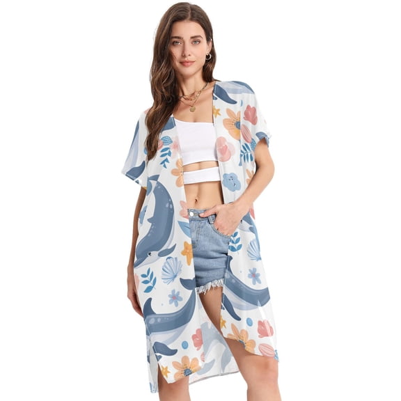 Beach Vacation Clothes Kimono Cardigan Loose Swimsuit Cover Up for Women Dolphins Flower Shell Leaf S