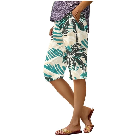 Shorts for Women Elastic Waist Printed Loose Quarter Pants Workout Shorts