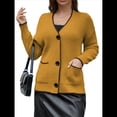 thumbnail image 2 of Suéter de Larga con Bloques de Color para Mujer, Abrigo Informal de Otoño con Botones y Bolsillo Amarillo M, 2 of 8