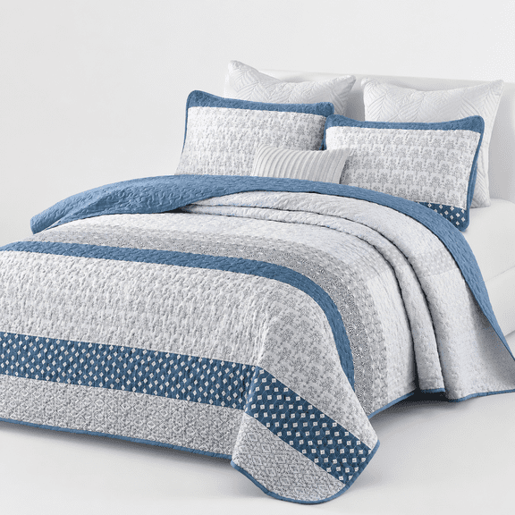 Blue King Size 3-Piece Boho Striped Reversible Bedspread Quilt Set