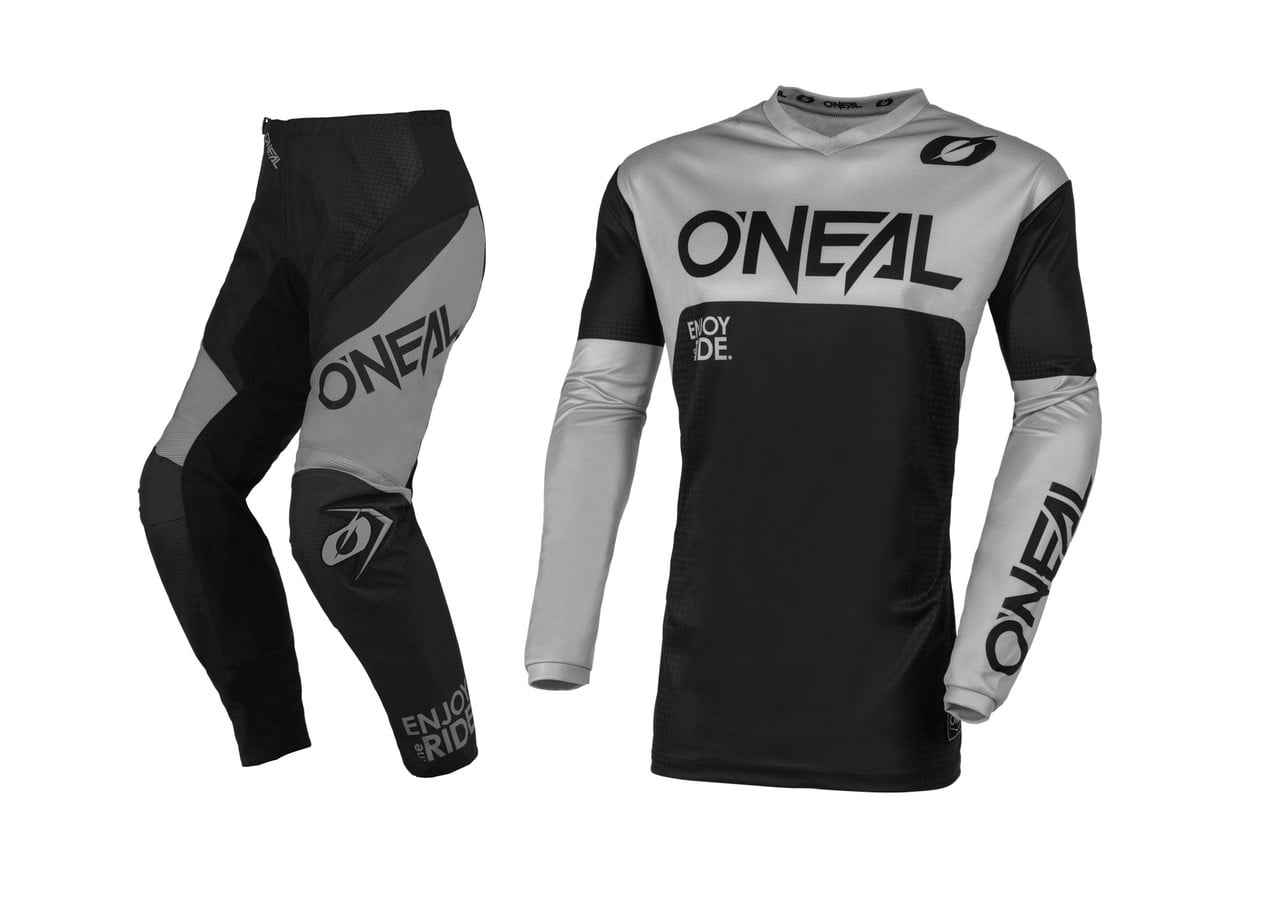 Pants W28 / Jersey Small ONeal Element Factor Gray/Blue/Neon Hi-Viz Adult motocross MX off-road dirt bike Jersey Pants combo riding gear set 