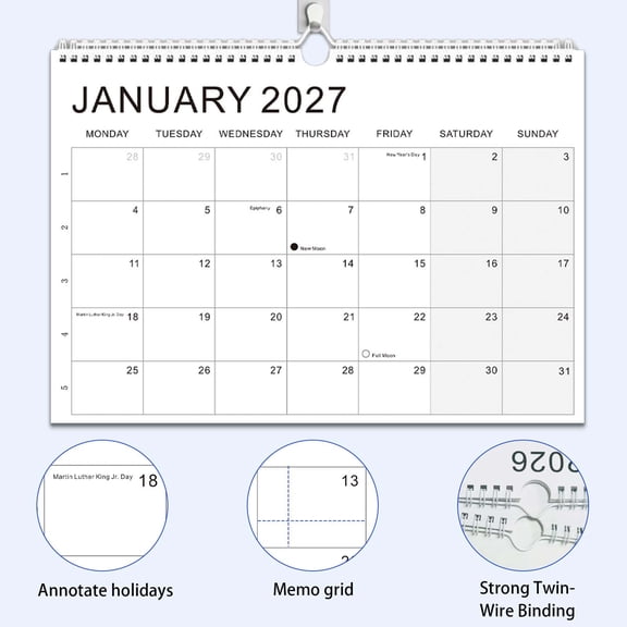 2027-2028 English Wall Calendar 18 Month, Coil Bound Letter Calendar, Monthly Planner for Desk Office Home, January 2027 to June 2028, Portable Schedule Organizer, Daily Planning Tool