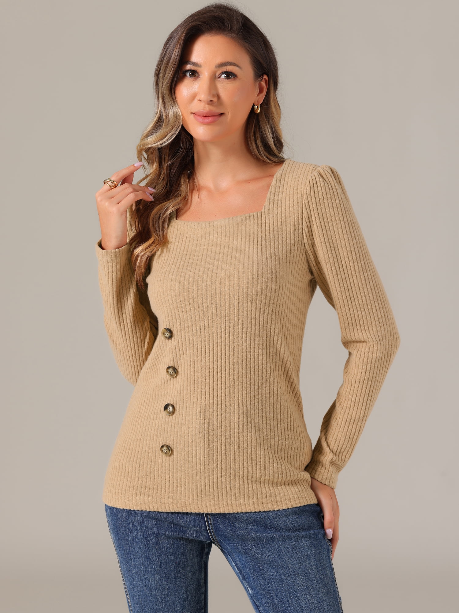 DARING DIVA Square Neck Sweaters Long Sleeve Top L Khaki