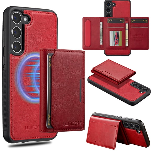 Allytechgroup for Samsung Galaxy S24 Case, Compatible with Magsafe [RFID Blocking] 2 in 1 Detachable Magnetic Wallet Case with Kickstand/Card Slots/Cash Pockets/ PU Leather & TPU Bumper Cover, Red