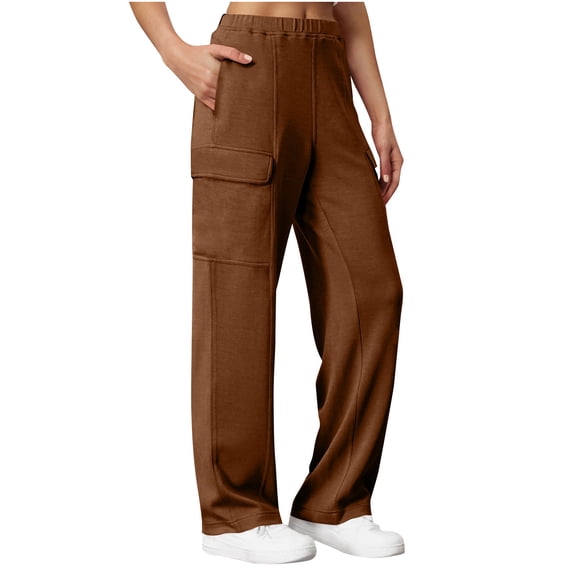 Nhthy Women High Waisted Wide Leg Cargo Pants Baggy Dressy Sweatpants Business Casual Work Trousers with Pockets Trendy Brown L