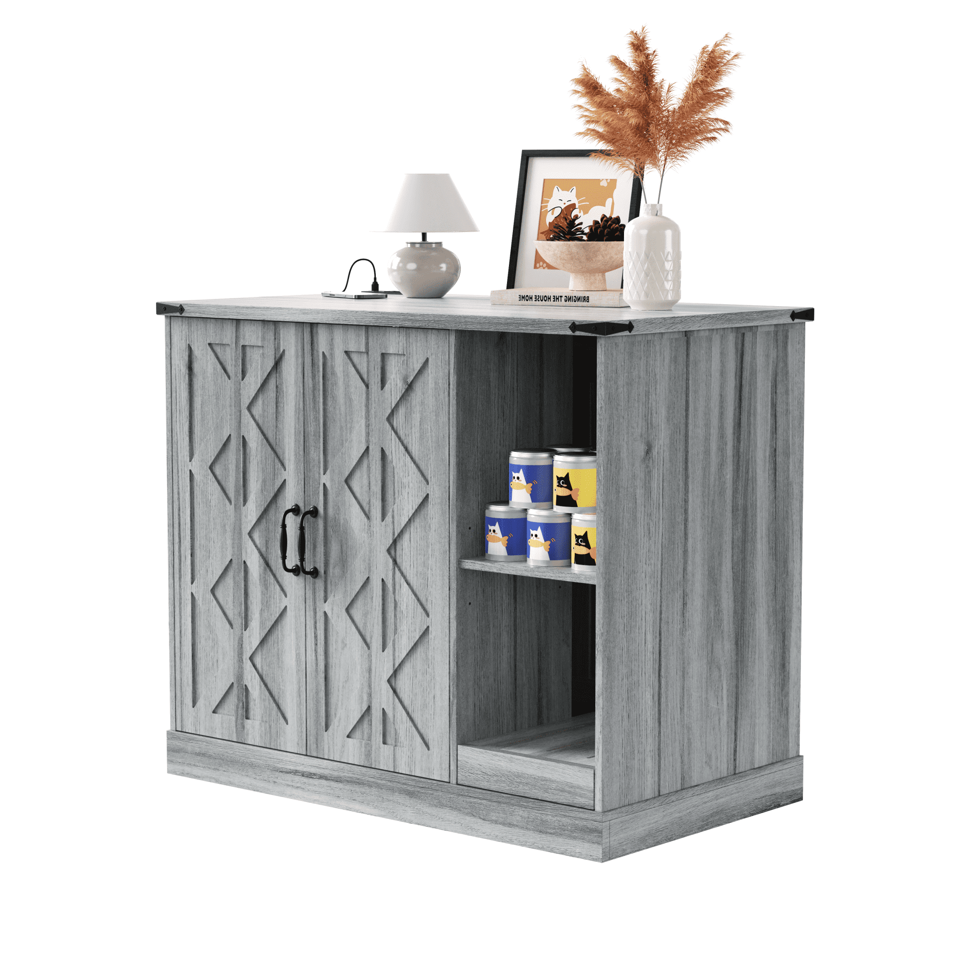 Cat Litter Box Cabinet with Power Outlet, Hidden Litter Box Enclosure for Automatic Litter Boxes, with Litter Catcher and Adjustable Storage Shelves, Gray