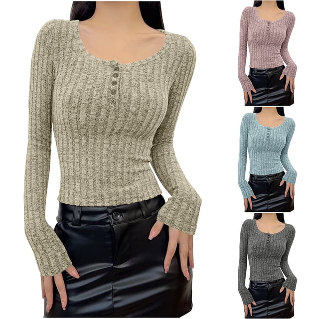 QATAINLAV Chandails pour Femmes Légers à Manches Longues Col Rond Henley Chemises Boutonnées Basiques Ajustées pour Sortir, Gris, m