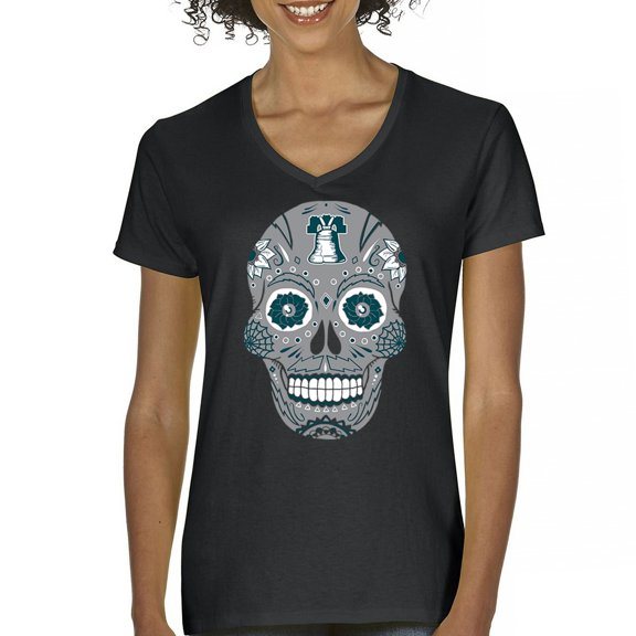 Philly Thing Sugar Skull Women's V-Neck T-shirt Day of the Dead Dia de los Muertos