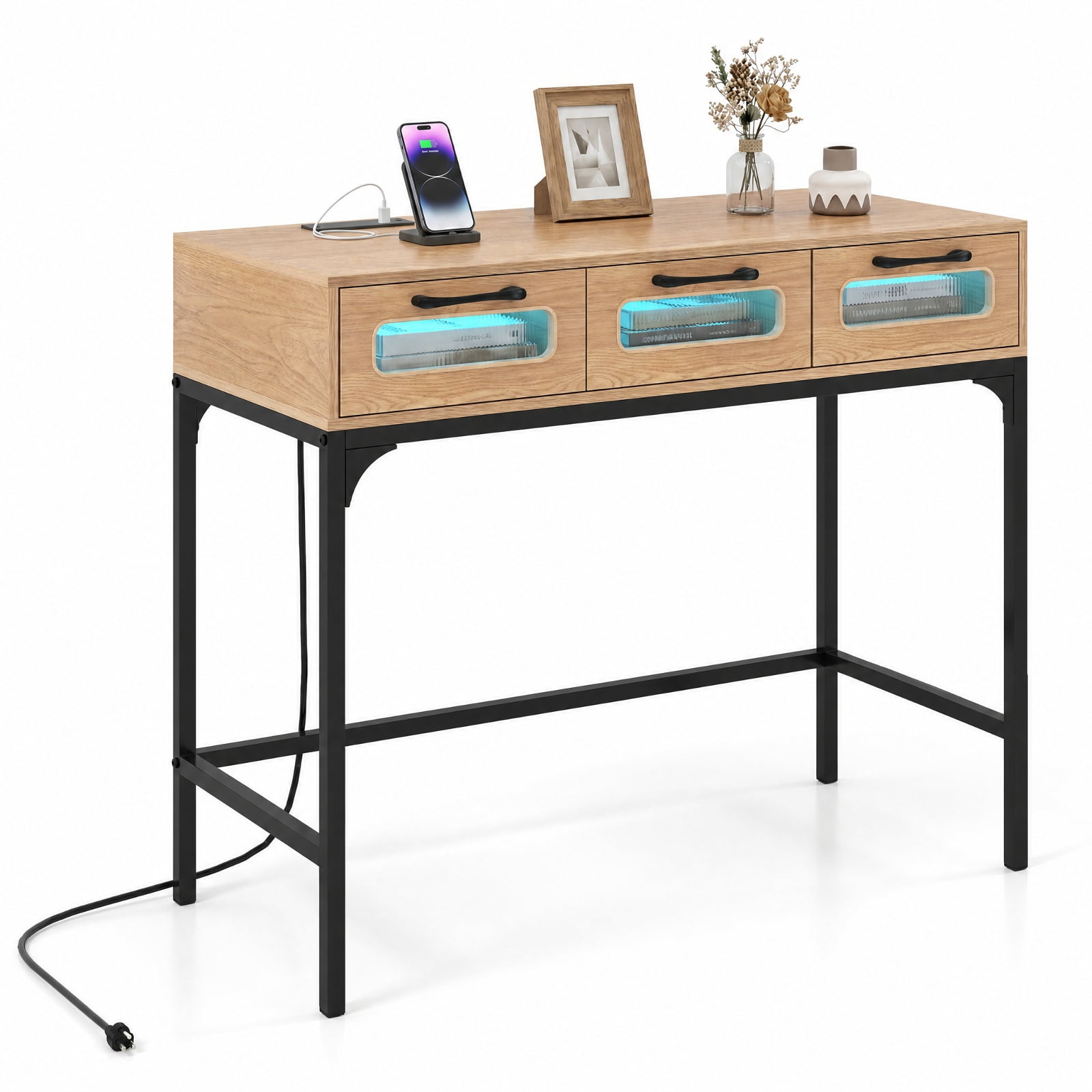 Furnibear Console Table with LED Lighting and Charging Station Entryway Table with Drawers for Living Room Hallway Sofa, Natural