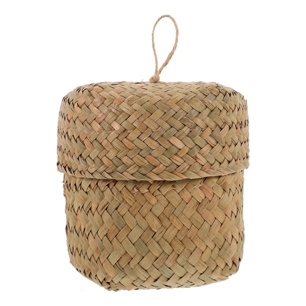 Canasta de almacenamiento de canasta de flores de hierba marina tejida a mano con tapa pequeña caja de pastos marinos