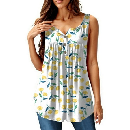 Deals of the Day Clearance! NAMTYQX Summer Tops for Women 2025 Button V Neck Pattern Loose Fit Casual Ruched Sleeveless Button Down Shirts for Women White Size 5XL