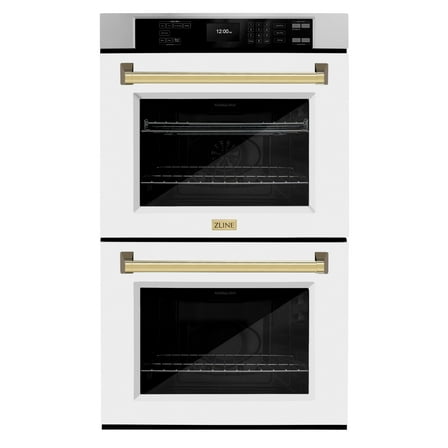 ZLINE 30 in. Autograph Edition Professional Convection Double Wall Oven with Air Fry and Self Clean in Stainless Steel with White Matte Doors and Polished Gold Handles (WADZ-WM-30-G)