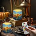 thumbnail image 2 of Kuiaobaty Waterproof Flameless LED Battery Votive Candles with Remote for Wedding Beach Party Decor 4 Packs Pillar Fake Candles with Colored Light Sunset Glow Sunflower Leaf Pattern, 2 of 7