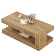 Fnova 47 Farmhouse Coffee Tabl, 2-Tier Rectangular Accent Center Tea Cocktail Table with Storage for Living Room
