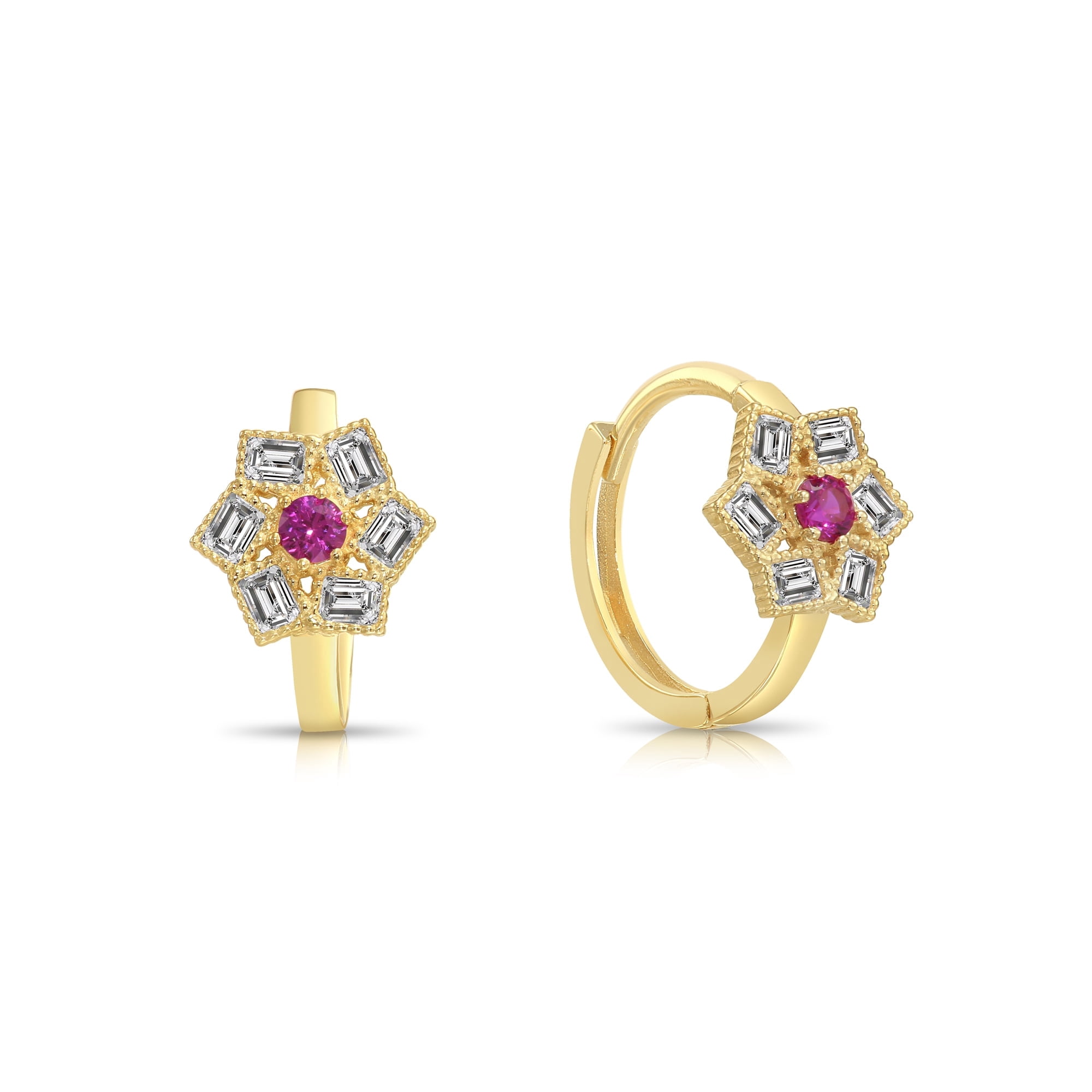 Tilo Jewelry 14K Yellow Gold Gold Ruby Flower Huggie Hoop Earrings with Cubic Zirconia Red CZ Stones | 12mm Small | Dainty Everyday Earrings for Women & Unisex