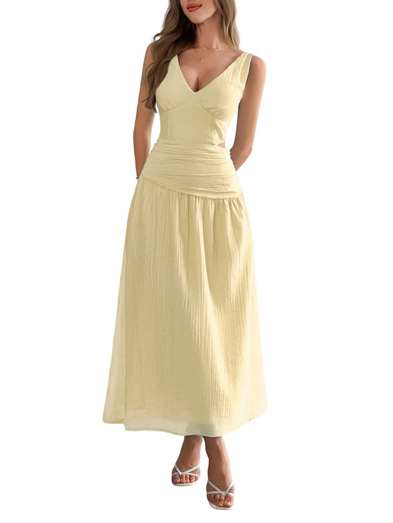 Women'S Summer Sleeveless Casual Dresses V-Neck Wrinkles Backless Party Dress Yellow L