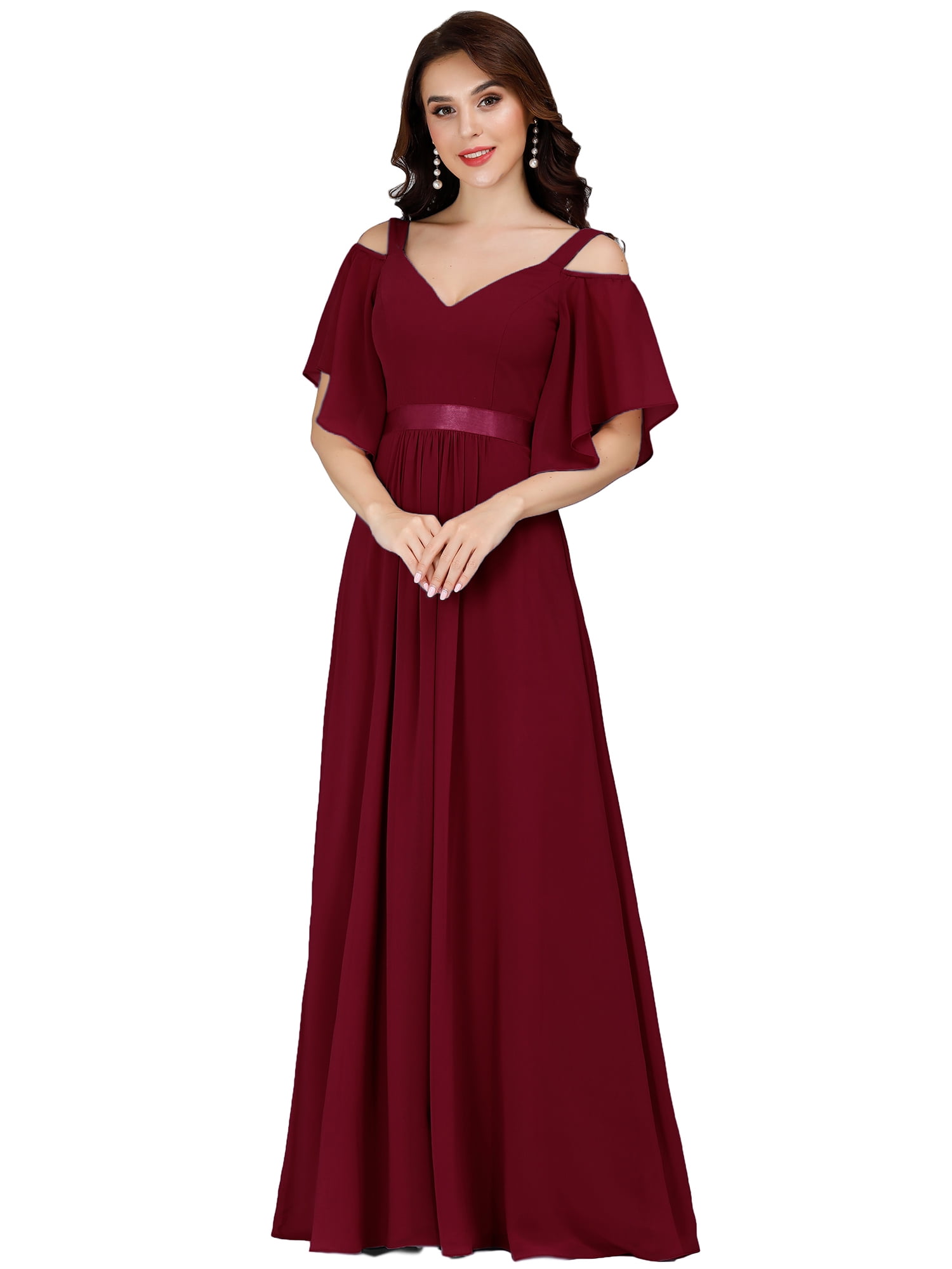 Ever-Pretty Women's Double V-Neck Short Flutter Sleeves Empire Waist Elegant Chiffon Long Evening Dresses