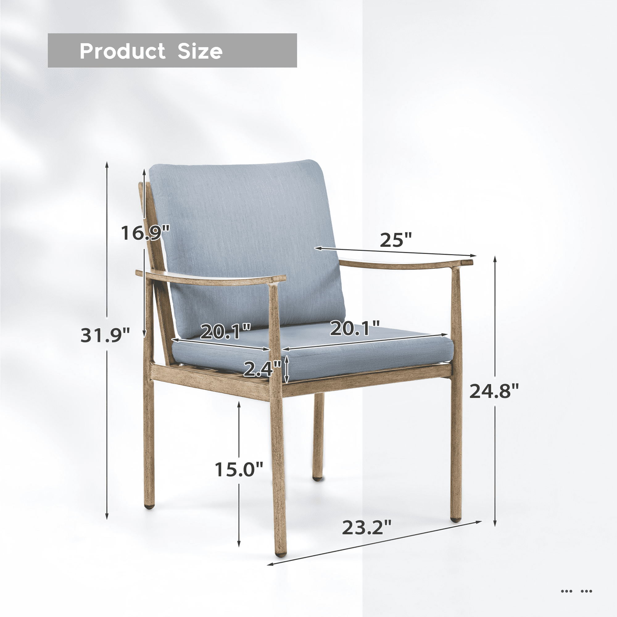 Outdoor Dining Chairs Set of 2, Aluminum Patio Chairs with Cushions, Rope Backrest Ergonomic Armrest Bistro Chairs for Porch Backyard Pool, Brown/Blue