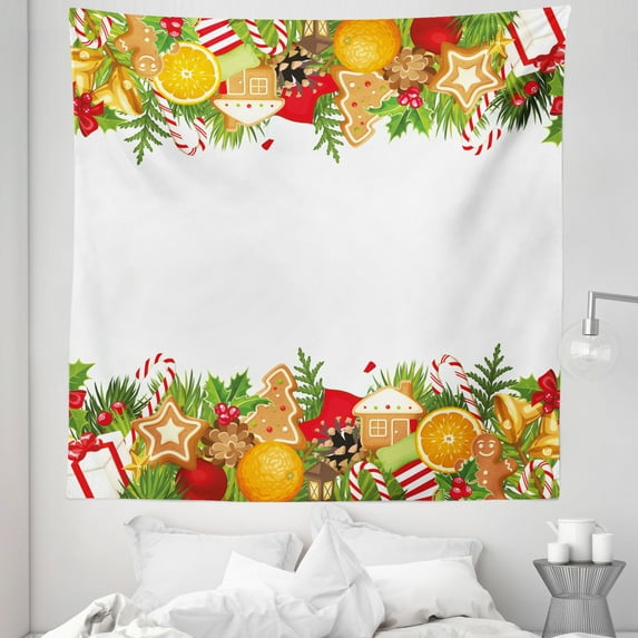 Christmas Tapestry, Composition Gingerbread Oranges Leaves Lollipops Print, Fabric Wall Hanging Decor for Bedroom Living Room Dorm, 5 Sizes, Multicolor, by Ambesonne