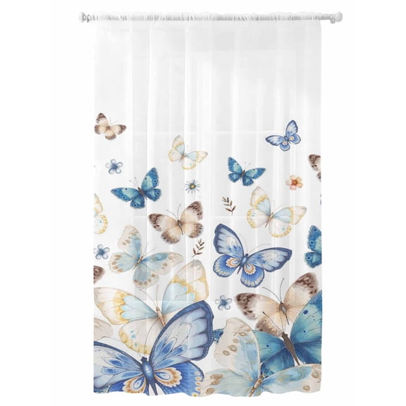 Sheer Curtains 96 Inches Long, Blue Butterfly Farmhouse Semi Sheer Curtains Light Filtering Window Treatment, Spring Pastoral Butterflies Privacy Voile Drapes for Living Room Bedroom 52x96 Inch