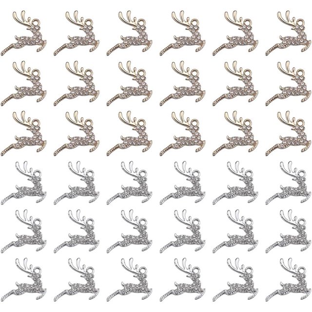 1 caja de 32 dijes navideños de renos con micro pavé de circonitas cúbicas. Dije de ciervo dorado y plateado con diseño de animal del bosque e invierno.