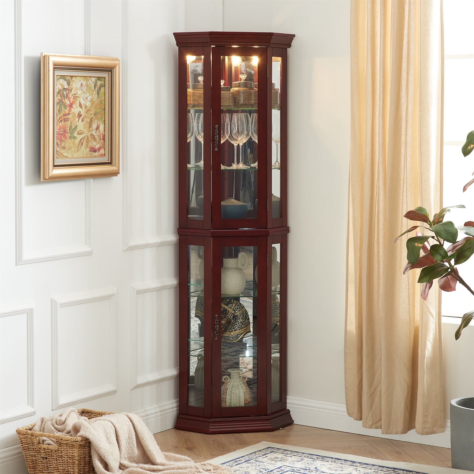 Miniyam Curio Display Cabinet with Lights, Glass Doors, Adjustable Shelves, Cherry