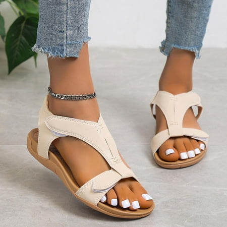 

PU Leather Flat Sandals for Womens Comfy Orthopedic Bunion Corrector Sandal Casual Soft Ring Toe Retro Bohemian Thong Beach Shoes