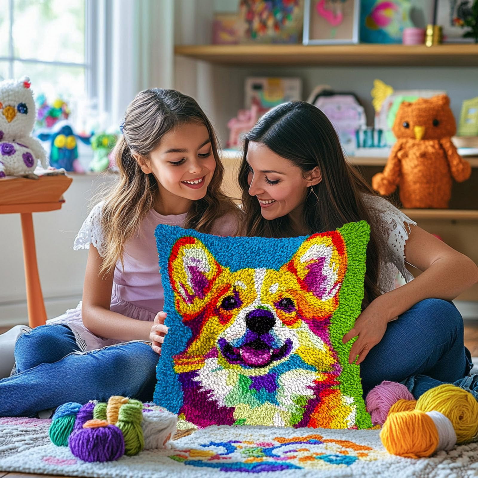 Yellow Welsh Corgi Dog DIY Latch Hook Pillow Kits for Adults Printed Pillowcase Crochet Yarns Hooking Handmade Pillow Cover Cushion for Home Sofa Decoration 17x17inch