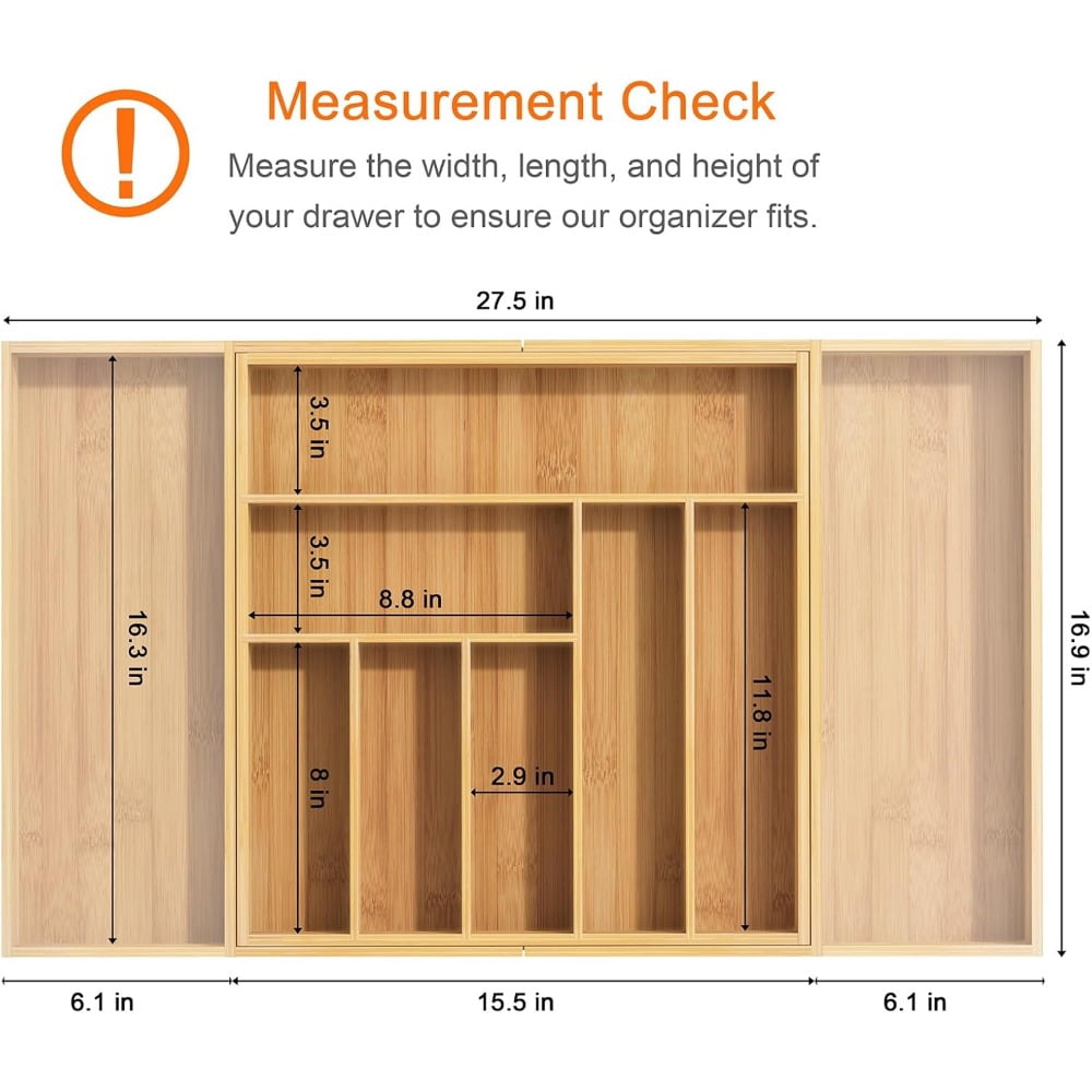 Bamboo Utensil Organizer for Kitchen Drawers, Utensil Tray and Cutlery Silverware Holder,Wood Drawer Dividers with 5 Slots