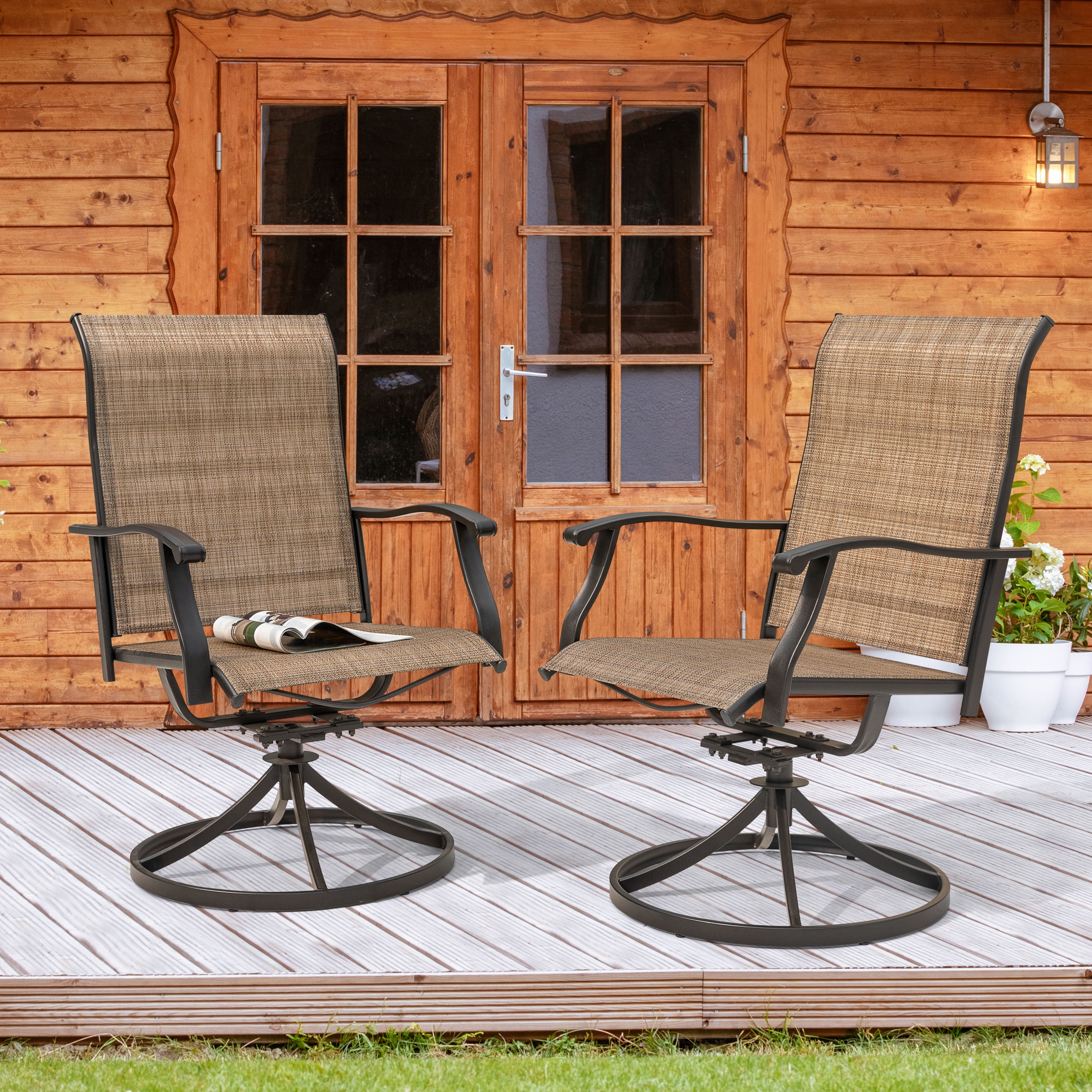 Nuu Garden Patio Swivel Chairs Set of 2, High-Back Outdoor Dining Chairs, All-Weather Textilene Outdoor Yard Chairs, Brown