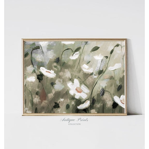 Vintage Neutral Wildflower Field Print, Flowers Wall Art, Muted Floral, Sage Green Print, Farmhouse Decor, Poster, Unframed Poster Size 8x12