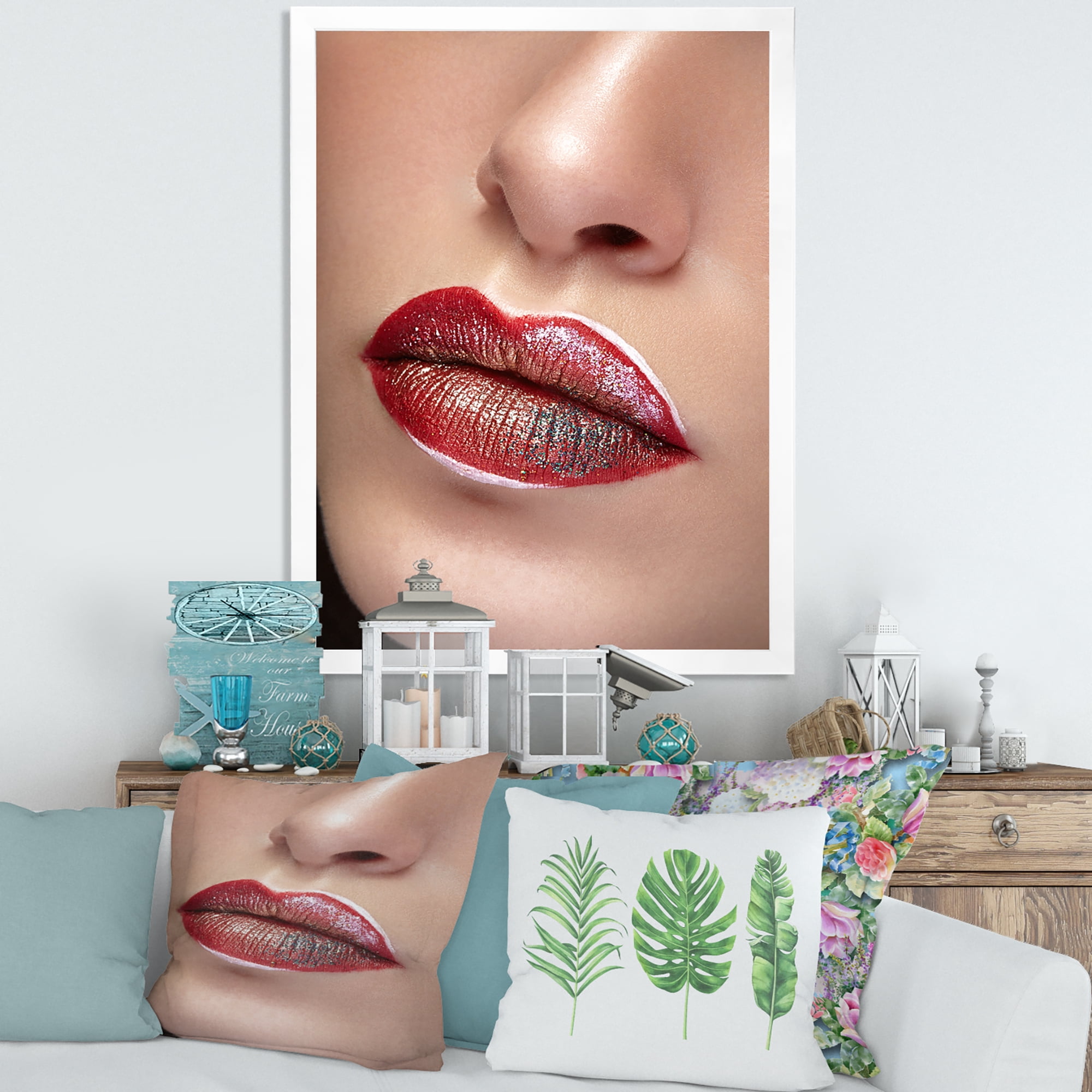 Designart 'Close Up Lips With Professional Lipstick and Make Up' Modern Framed Art Print