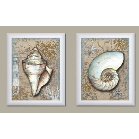 2 Brown Seashell Art Print Posters Lighthouse Ocean Sea Pirate Treasure Map, 11X14 set of 2; Framed Pieces, Ready to (Best Way To Hang Framed Posters)
