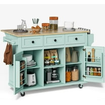 JESTOP Rolling Kitchen Island with 3 Drawers and 2 Cabinets, Kitchen Cart on Wheels with Drop Leaf, Wood Portable Trolley Island with Cabinet Door Storage Racks, for Dinning Room
