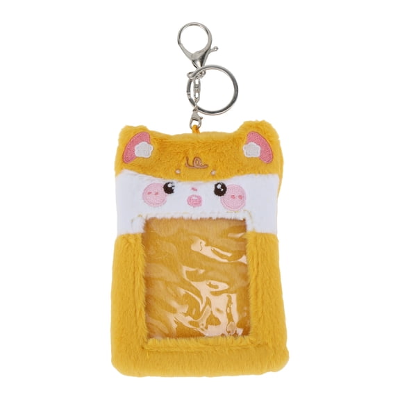 Unique Bargains 1 Pc ID Badge Holder Plush Keychain Card Holder Yellow Brown