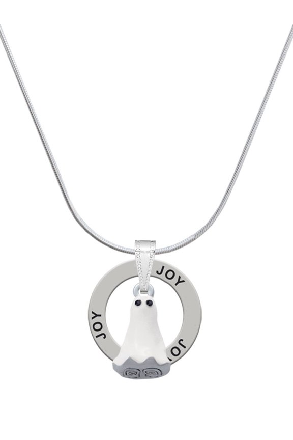 Silvertone 3-D White Ghost with Black Crystals Joy Ring Charm Necklace, 18"