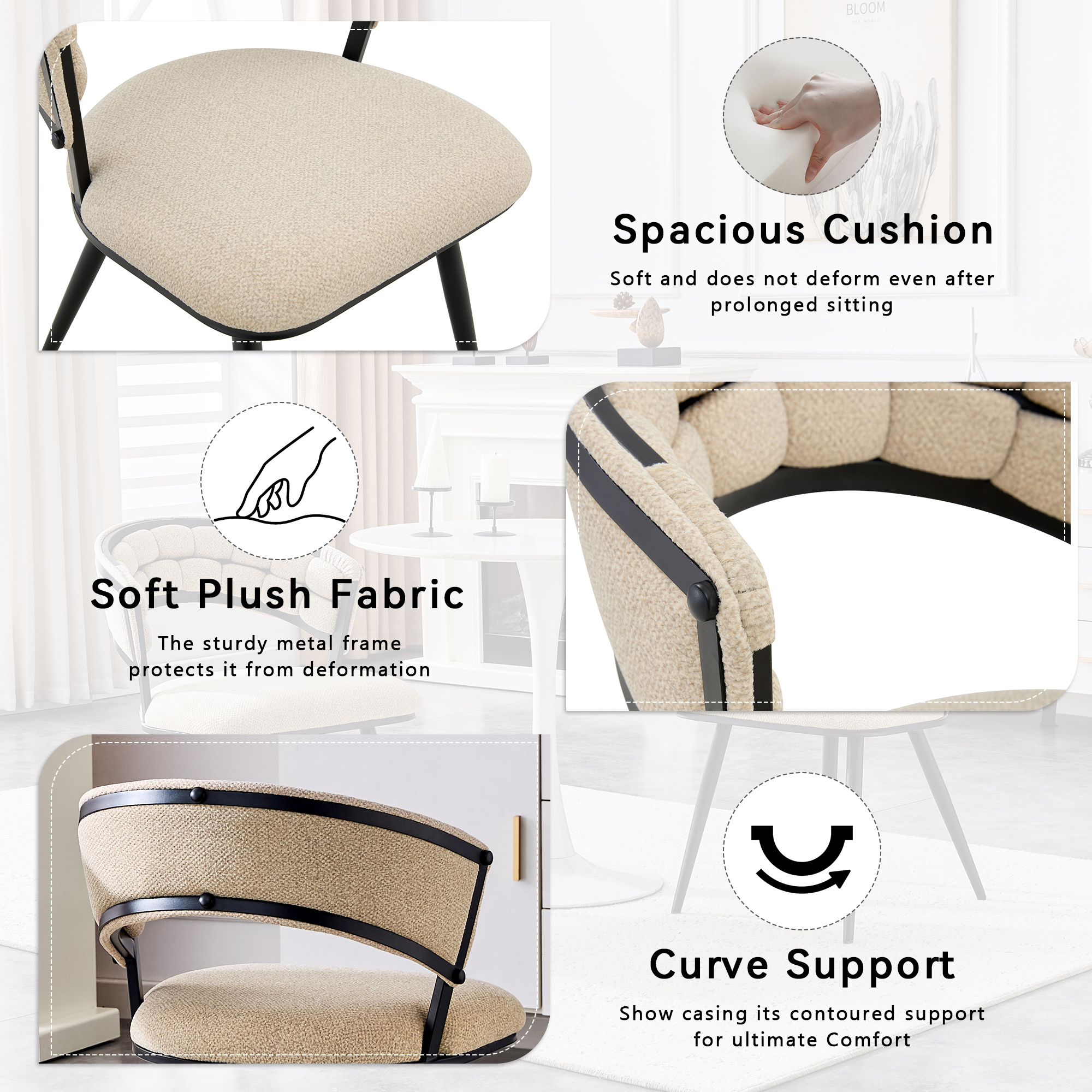 TesNus Beige Velvet Dining Chairs Set of 2, 30.5 Inch Tufted Upholstered Accent Chairs with Black Metal Legs for Dining Room Kitchen Living Room