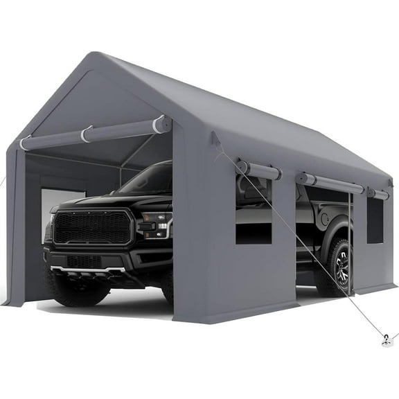 Carport 10x20ft Heavy Duty Carport with Roll-up Windows, Car Canopy Portable Garage with Removable Sidewalls & Doors, Car Canopy with All-Season Tarp for Car Boat Truck Motorcycle, Grey