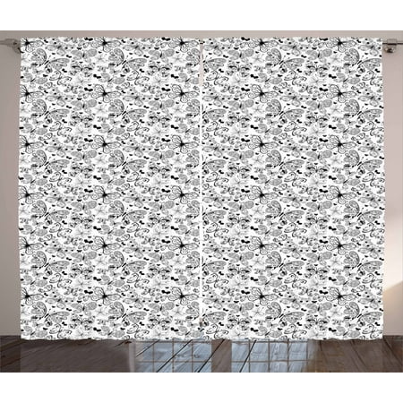 - Tattoo Curtains 2 Panels Set, Monochrome Pattern with Floral Abstract Butterflies in Filigree Style Spiral Wings, Window Drapes for Living Room Bedroom, 108W X 90L Inches, Black White, by Ambesonne